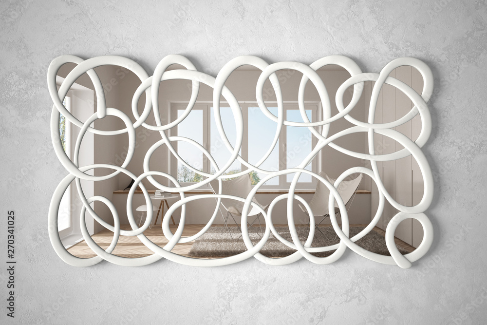 Modern twisted shape mirror hanging on the wall reflecting interior design scene, bright living room with armchair, minimalist white architecture, architect designer concept idea Modern twisted shape mirror hanging on the wall reflecting interior design scene, bright living room with armchair, minimalist white architecture, architect designer concept idea