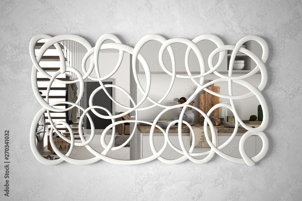 Modern twisted shape mirror hanging on the wall reflecting interior design scene, bright white kitchen, minimalist white architecture, architect designer concept idea Modern twisted shape mirror hanging on the wall reflecting interior design scene, bright white kitchen, minimalist white architecture, architect designer concept idea