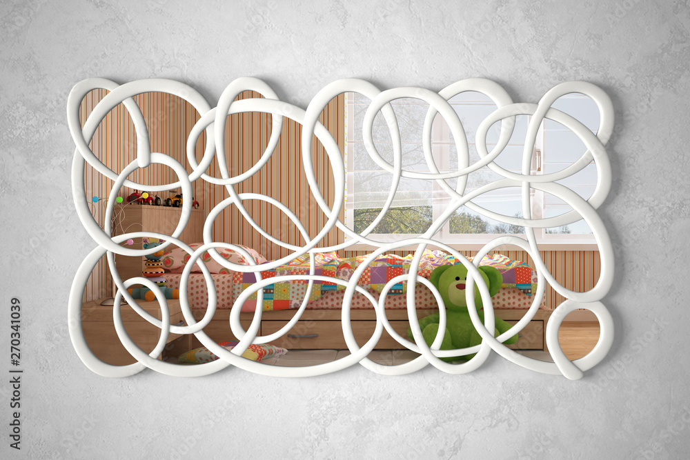 Modern twisted shape mirror hanging on the wall reflecting interior design scene, bright bedroom with single bed, minimalist white architecture, minimalist white architecture Modern twisted shape mirror hanging on the wall reflecting interior design scene, bright bedroom with single bed, minimalist white architecture, minimalist white architecture