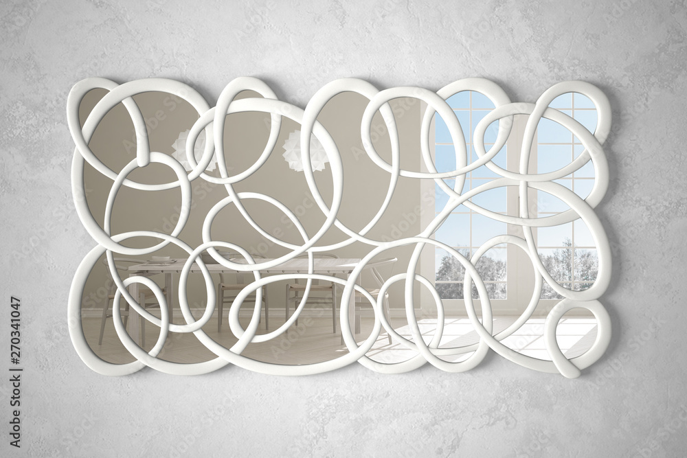 Modern twisted shape mirror hanging on the wall reflecting interior design scene, bright white and wooden kitchen, minimalist white architecture, architect designer concept idea Modern twisted shape mirror hanging on the wall reflecting interior design scene, bright white and wooden kitchen, minimalist white architecture, architect designer concept idea