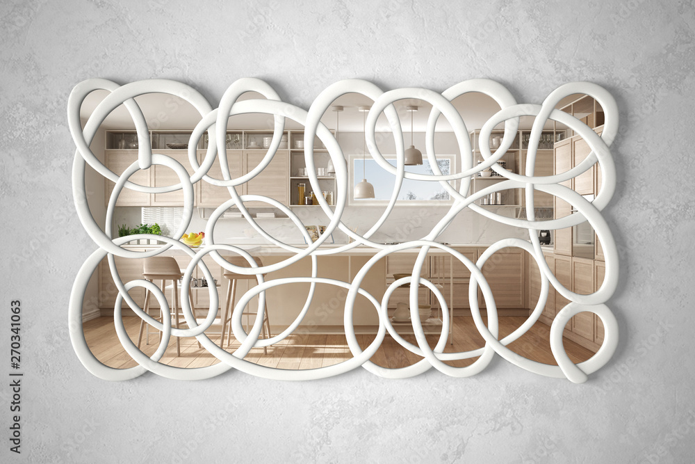 Modern twisted shape mirror hanging on the wall reflecting interior design scene, bright white and wooden kitchen, minimalist white architecture, architect designer concept idea Modern twisted shape mirror hanging on the wall reflecting interior design scene, bright white and wooden kitchen, minimalist white architecture, architect designer concept idea