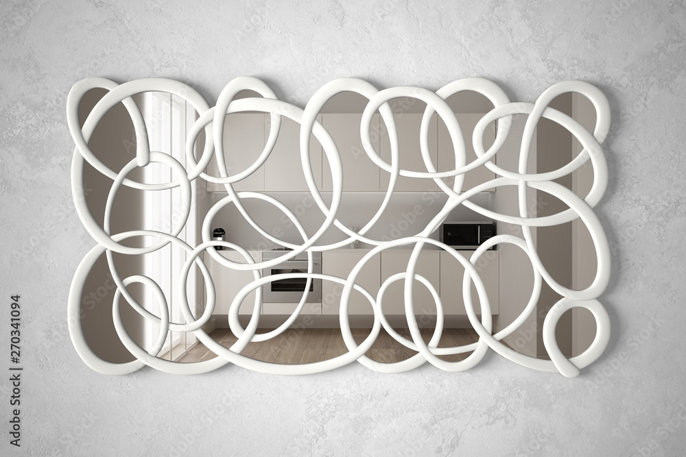 Modern twisted shape mirror hanging on the wall reflecting interior design scene, bright white kitchen, minimalist white architecture, architect designer concept idea Modern twisted shape mirror hanging on the wall reflecting interior design scene, bright white kitchen, minimalist white architecture, architect designer concept idea
