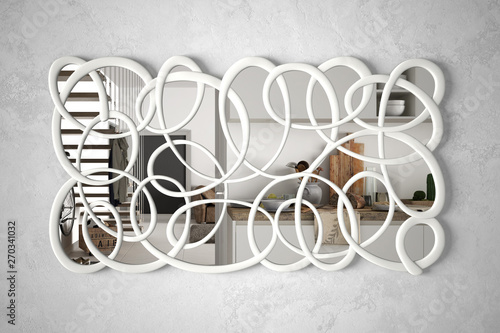 Modern twisted shape mirror hanging on the wall reflecting interior design scene, bright white kitchen, minimalist white architecture, architect designer concept idea