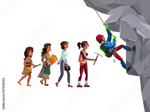 Woman climber evolution time line vector cartoon illustration concept Female development process from Stone Age human, farmer to modern fashion woman and girl with rope and pick climbing mountain