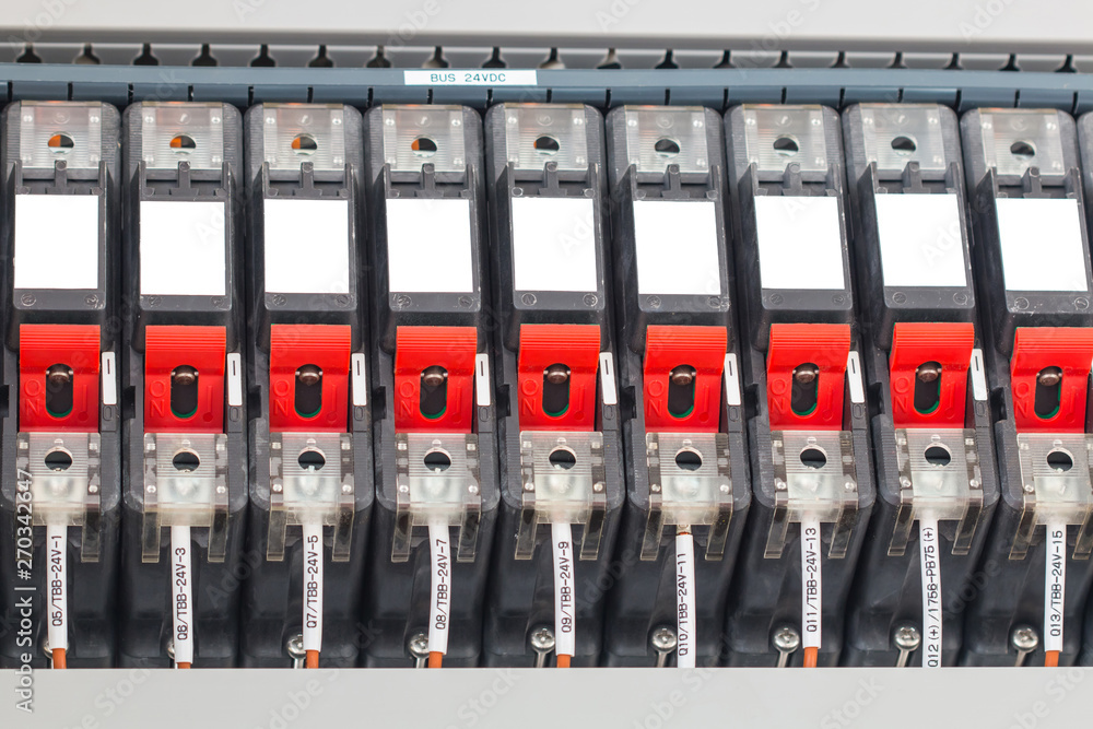 A row of DC switched electrical circuit breakers A row of DC switched electrical circuit breakers