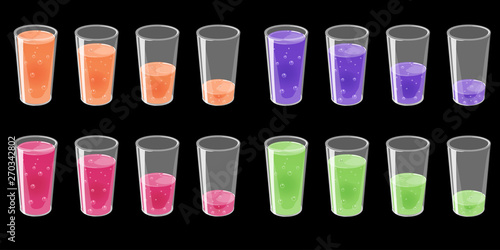 Set of glasses with fresh sparkling juice. Full and empty. Vector illustration isolated on black background. photo