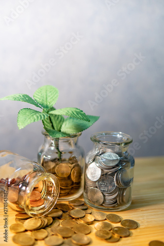 Green plant growing out of coins in currency glass jar on wooden table. Saving money for future retirement. Business growth. Financial Investment concept