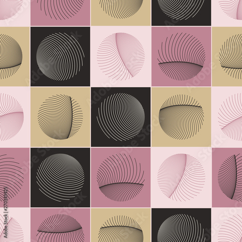 graphic seamless pattern with abstract round feathers in gold pink shades