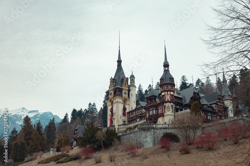 Peles Castle. Neo-Renaissance castle in the Carpathian Mountains, near Sinaia, in Prahova County, Romania look from the garden © Woodenmen