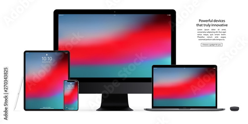 mockup gadgets and devices: stylus, mouse, smartphone, tablet, laptop and computer monitor with colored screen isolated on white background. stock vector illustration eps10