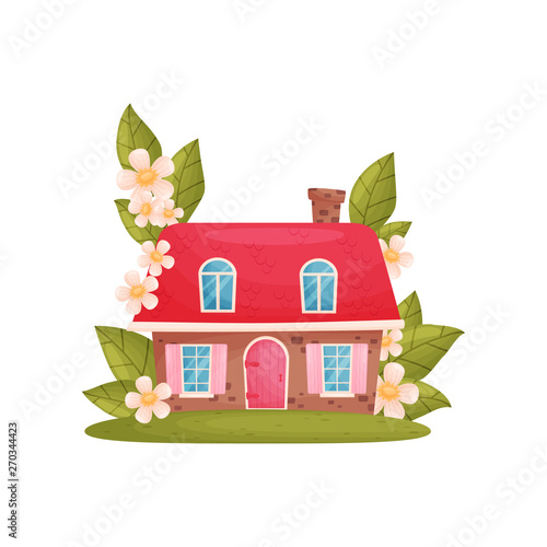 Small house among the flowers and leaves. Vector illustration on white background.
