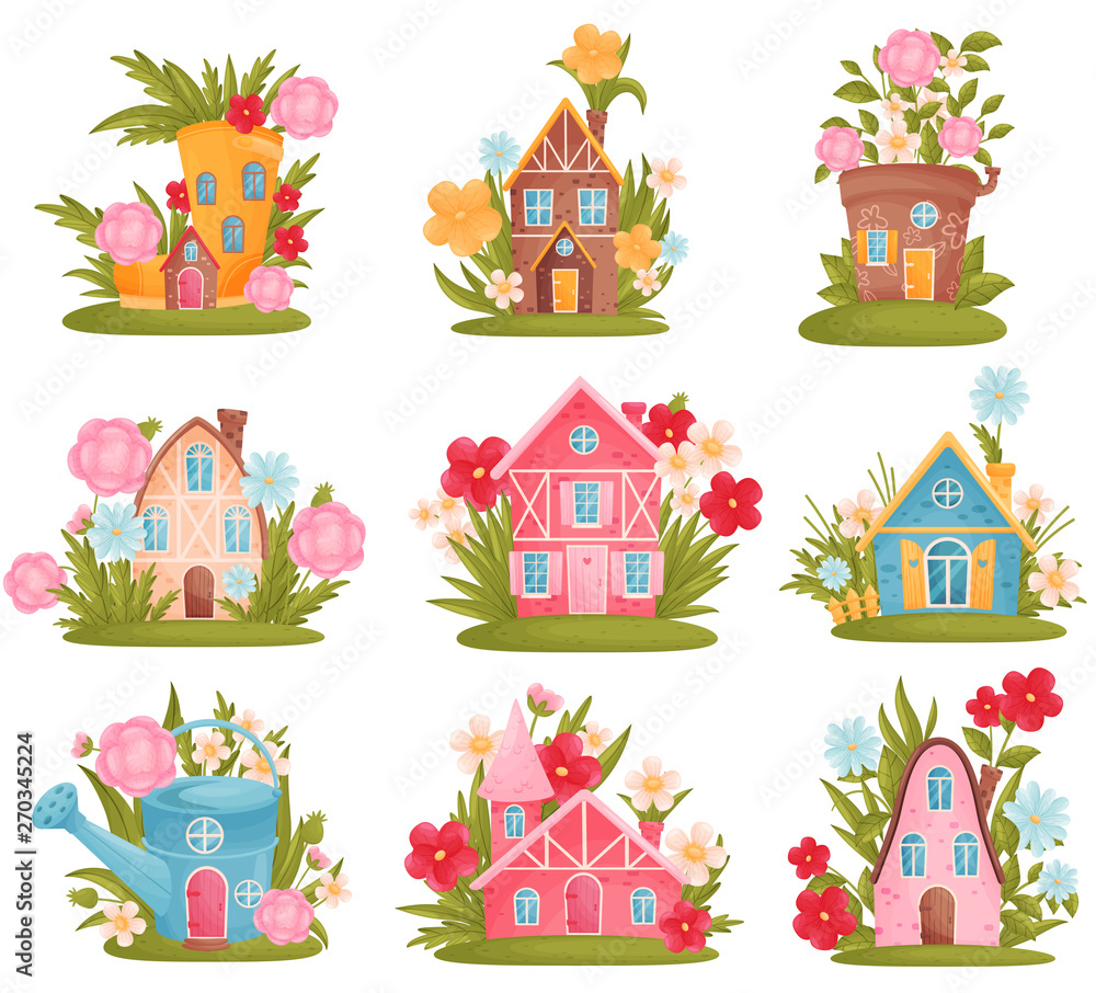Set of fabulous houses among the flowers and grass. Vector illustration on white background. Set of fabulous houses among the flowers and grass. Vector illustration on white background.