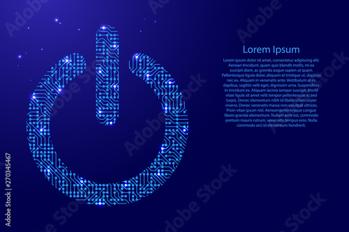 Power button icon from printed board, chip and radio component with blue star space on the contour for banner, poster, greeting card. Computer electronics processor motherboard. Vector illustration.