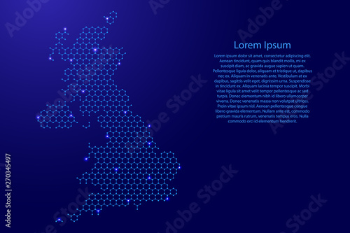 United Kingdom map from futuristic hexagonal shapes, lines, points blue and glowing stars in nodes, form of honeycomb or molecular structure for banner, poster, greeting card. Vector illustration.