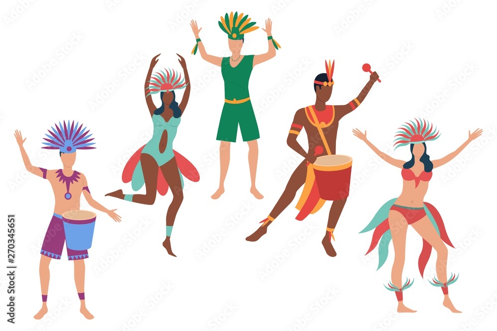 Set of samba dancers at annual carnival. Flat cartoon characters dancing  and playing drums. Vector illustration for festival promo, presentation,  banner Stock Vector | Adobe Stock
