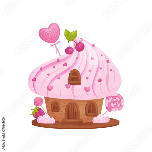 Gingerbread house with whipped cream on the roof. Vector illustration on white background.