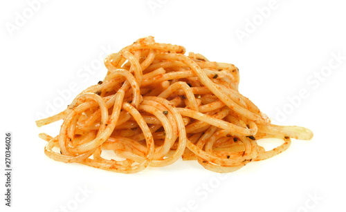 Spaghetti with fresh tomato sauce, grated parmesan cheese and basil leaf for garnish, isolated on white background