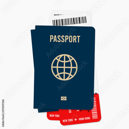 Vector passport with tickets. Air travel concept. Flat Design citizenship ID for traveler isolated. Blue international document - pasports illustration.