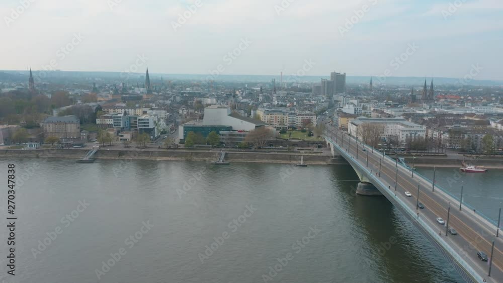 Drone / Aerial shot of the panorama of Bonn Kennedybücke Kennedy bridge and opera Bonn with the river rhine 25p Drone / Aerial shot of the panorama of Bonn Kennedybücke Kennedy bridge and opera Bonn with the river rhine 25p