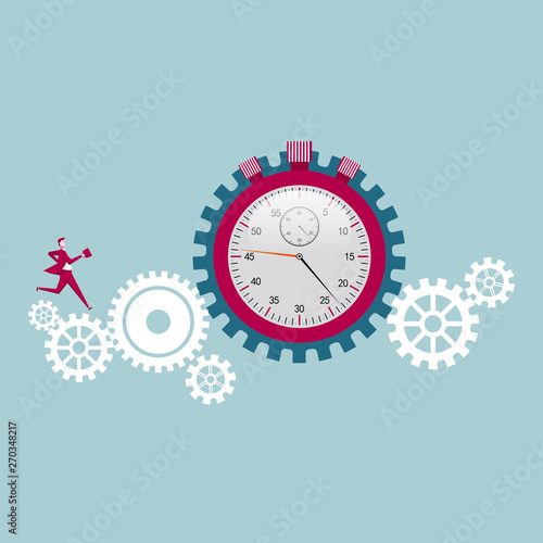 Businessman runs on the gear. Background is blue.