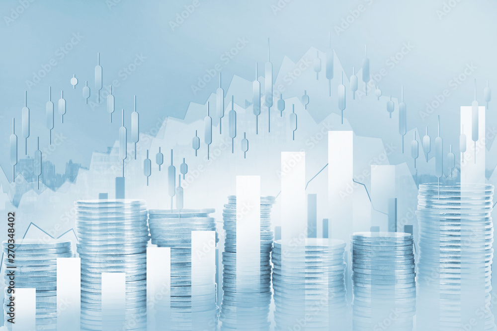 Double exposure of city, Stock market and graph on rows of coins for finance and banking , investments, trading, chart, Digital economy concept.