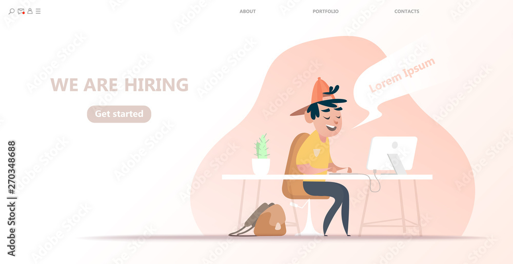 We are hiring banner with cartoon characters, Business recruitment, human resources management, hiring employees, social media, documents, cards, posters. Concept for web page, banner, presentation 
