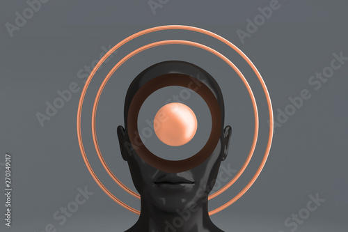 A woman's head with Golden circles around it depicting an aura. Concept art on the topic of religion. 3D illustration