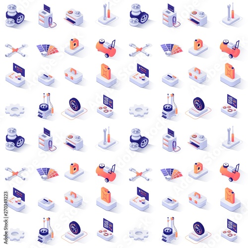 Seamless Pattern with Car Service Isometric Icons
