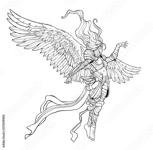 Woman angel in armor with huge wings floating in the air Stock Illustration  | Adobe Stock