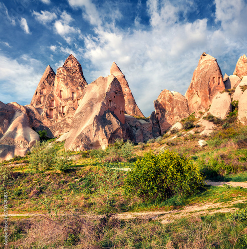 Colorful spring scene of Cappadocia. Picturesque morning view of of Red Rose valley in April. Cavusin village located, district of Nevsehir, Turkey, Asia. Traveling concept background.