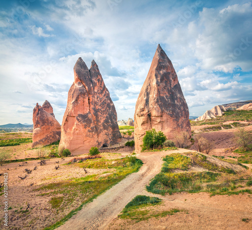 Fantactic spring scene of Cappadocia. Picturesque morning view of of Red Rose valley in April. Cavusin village located, district of Nevsehir, Turkey, Asia. Traveling concept background.