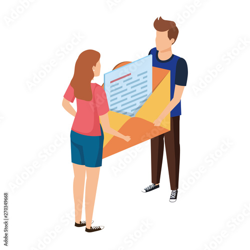 young couple lifting envelope mail send