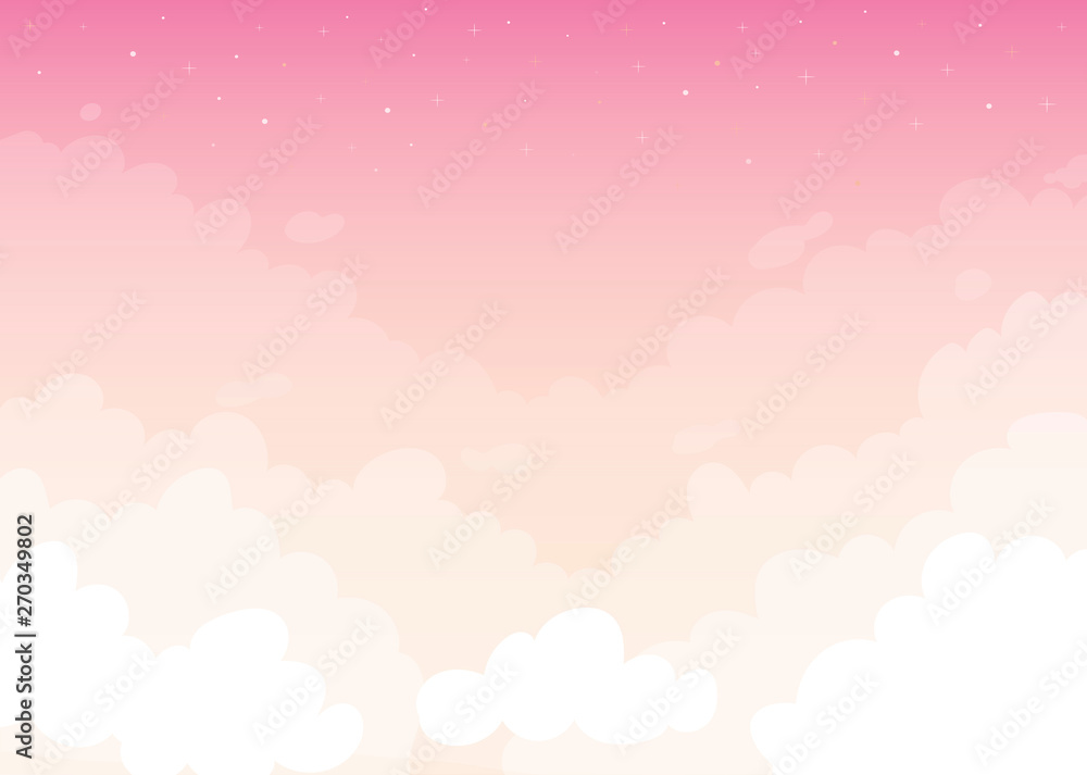 Cloud night sky and stars on pink background, cloudy sky vector illustration 
