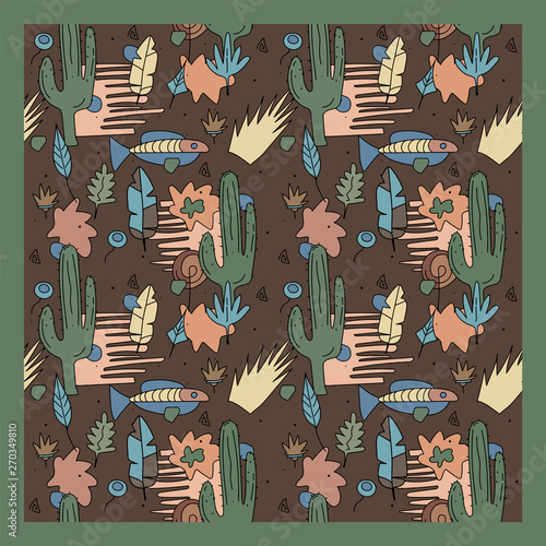 Seamless pattern with cactus, fish and leaves. Wild desert. Cartoon childish style. Ethnic ornament. 