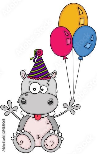 Cute birthday hippo holding three balloons © soniagoncalves