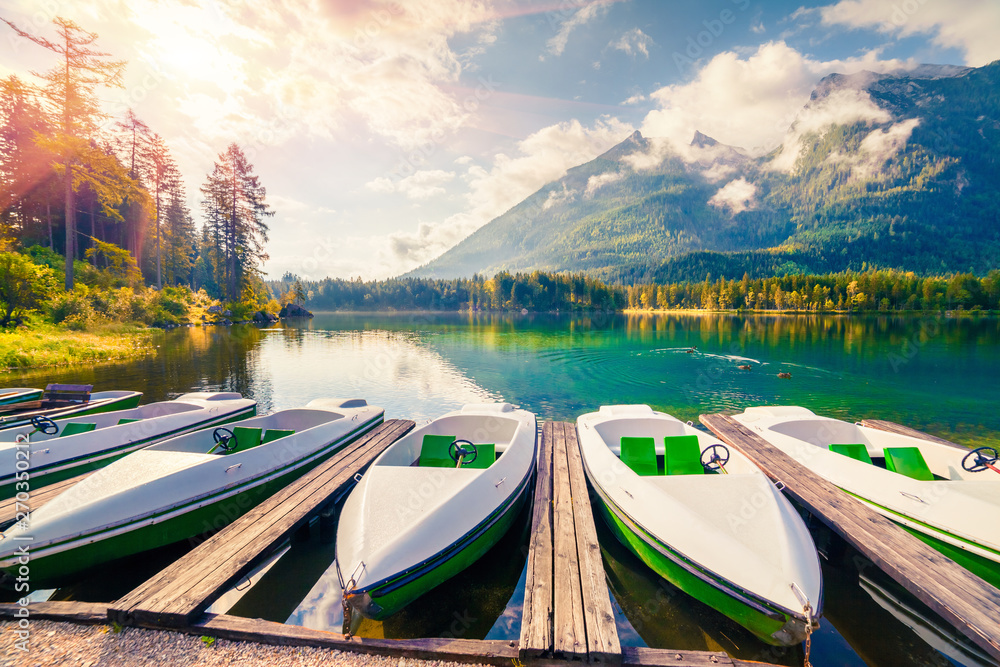 Great summer sunrise of Hintersee lake. Colorful morning view of Austrian Alps, Salzburg-Umgebung district, Austria, Europe. Beauty of nature concept background.