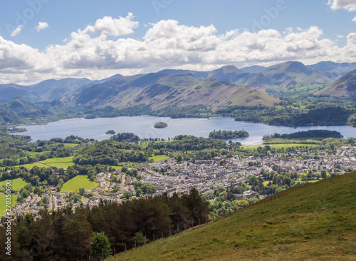 View of Keswick and Derwentwater from the top of Latrigg fell, Keswick, Cumbria, UK photo