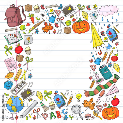 Back to school vector pattern. Education icons for children.