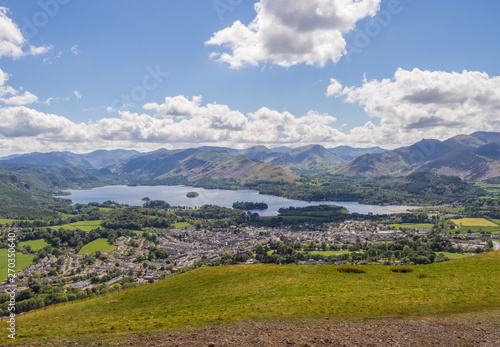 View of Keswick and Derwentwater from the top of Latrigg fell, Keswick, Cumbria, UK