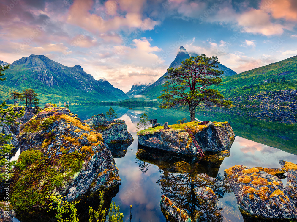 Great summer sunrise on the Innerdalsvatna lake. Colorful morning scene in Norway, Europe. Beauty of nature concept background. Beauty of nature concept background. - obrazy, fototapety, plakaty 