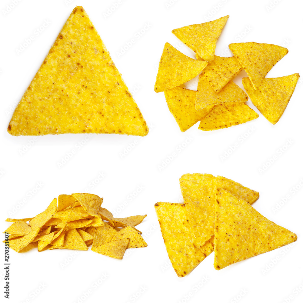 Mexican nachos set on white background collage Mexican nachos set on white background collage