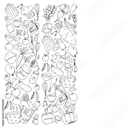 Healthy food and cooking. Fruits  vegetables  household. Doodle vector set.