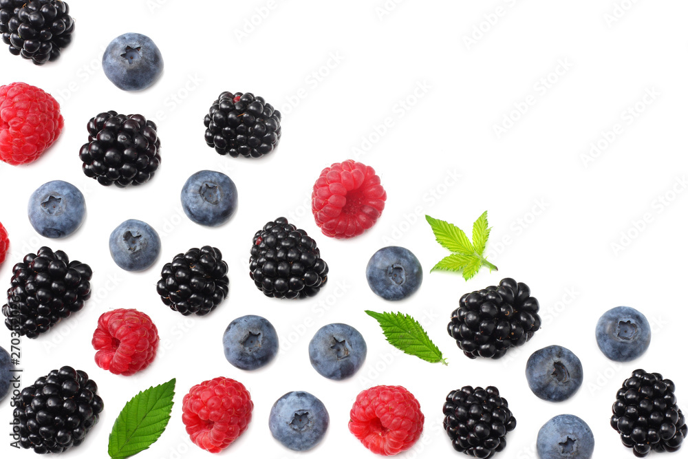 mix of blueberries, blackberries, raspberries isolated on white background. top view with copy space mix of blueberries, blackberries, raspberries isolated on white background. top view with copy space
