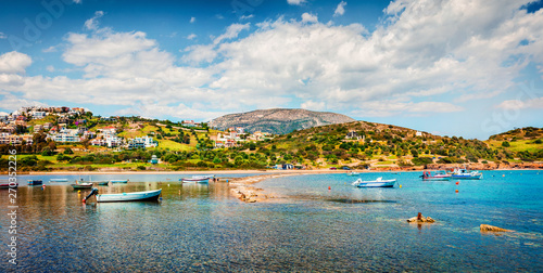 Bright spring view of the Nuevo Loca Beach. Sunny morning seascape of the Aegean sea, Palaia Fokaia location, Greece, Europe. Traveling concept background. Artistic style post processed photo.