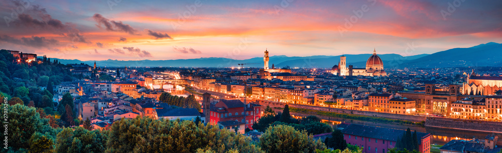 Fantastic spring panorama of Florence with Cathedral of Santa Maria del Fiore (Duomo) and Basilica of Santa Croce. Colorful sunset in Tuscany, Italy, Europe. Traveling concept background.