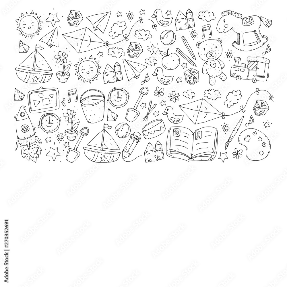 Kindergarten with toys. Pattern for children. Little preschool kids education. Drawing, learning, play