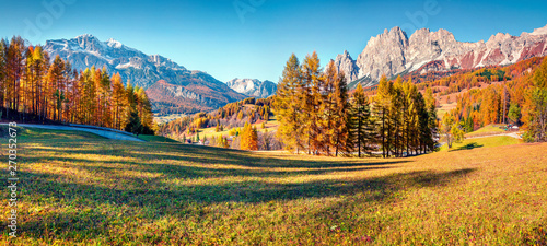 Breathtaking  morning panorama of Italian Alps. Sunny autumn scene of Dolomite mountains  Cortina d Ampezzo location  Italy  Europe. Beauty of nature concept background.