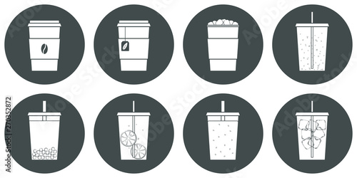 Vector set of beverage icons. Trasparent, no fill on cup. Isolated in circle. Soft drinks for take away. Hot - coffee, tea, cocoa, chocolate. Cold - lemonade, soda pop, smoothie, bubble tea, ice tea.