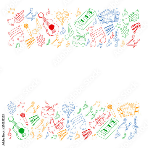 Music background for patterns. Vector illustration with musical instruments.
