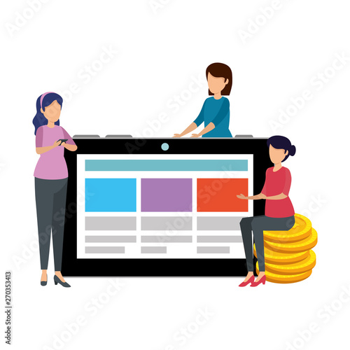 women using tablet with coins dollars ecommerce icons
